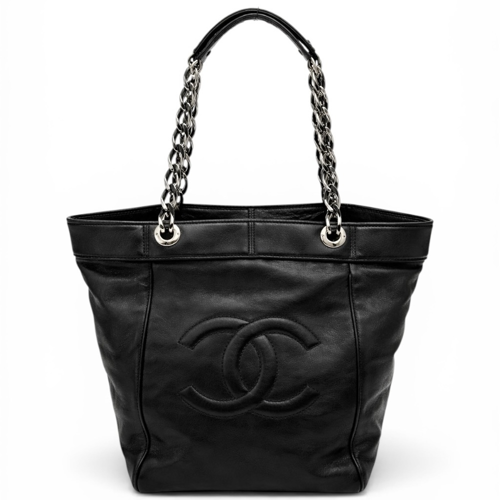 CHANEL Black Leather Timeless Shopping Tote with Chain-Strap Handles